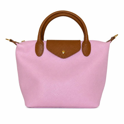 Borsa tracolla mano bottoncina media pelle bicolore rosa confetto cuoio