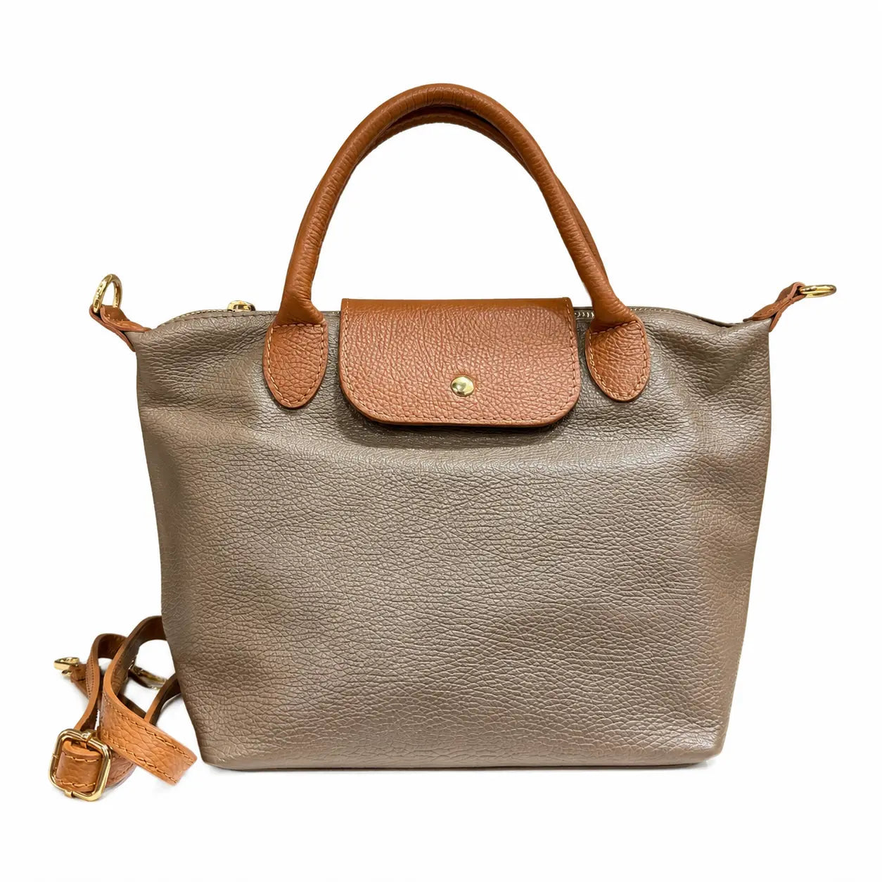 Borsa tracolla mano bottoncina media pelle bicolore taupe cuoio