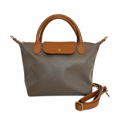 Borsa tracolla mano bottoncina media pelle bicolore taupe cuoio