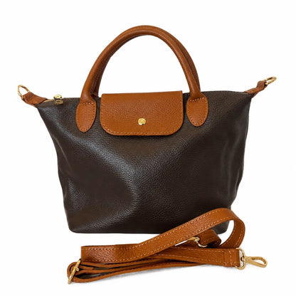 Borsa tracolla mano bottoncina media pelle bicolore testa di moro cuoio