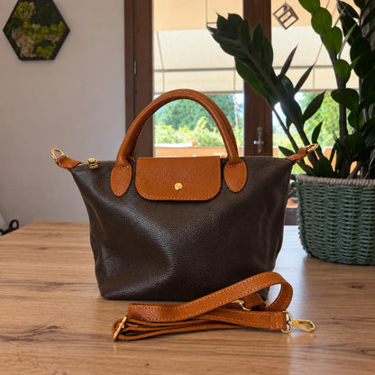 Borsa tracolla mano bottoncina media pelle bicolore testa di moro cuoio