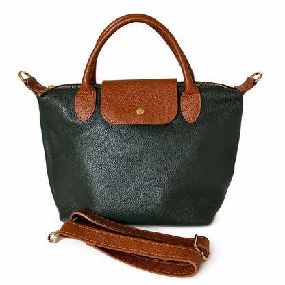 Borsa tracolla mano bottoncina media pelle bicolore verde bosco cuoio