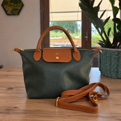 Borsa tracolla mano bottoncina media pelle bicolore verde bosco cuoio