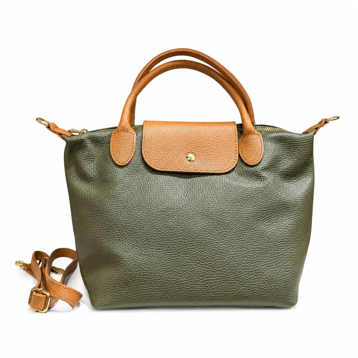 Borsa tracolla mano bottoncina media pelle bicolore verde militare cuoio
