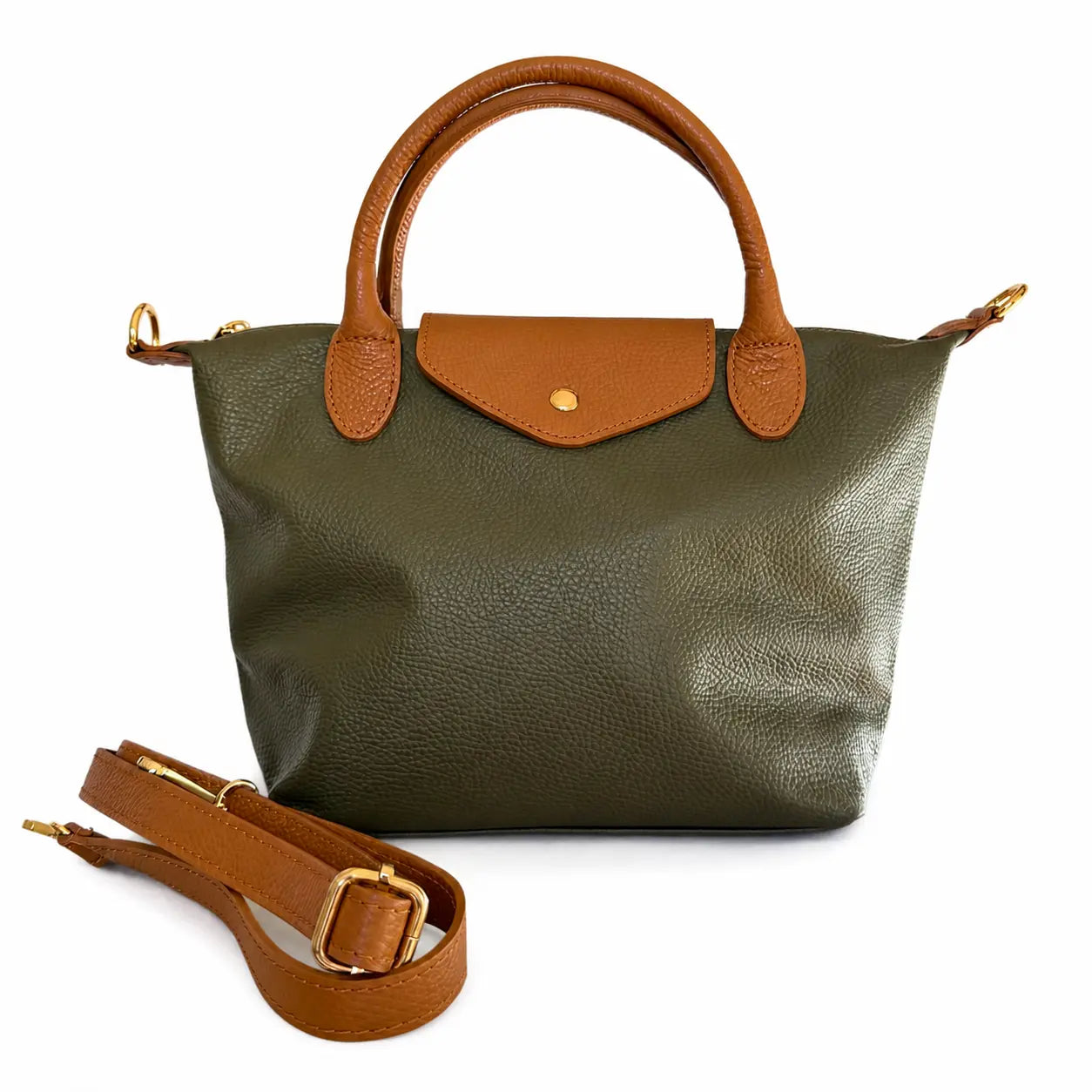 Borsa tracolla mano bottoncina media pelle bicolore verde militare cuoio