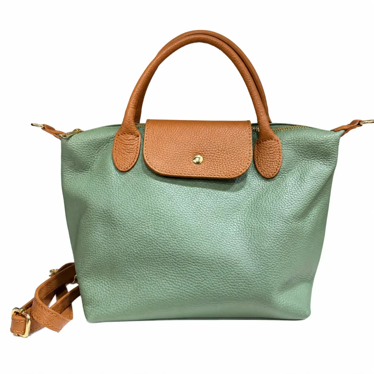 Borsa tracolla mano bottoncina media pelle bicolore verde salvia cuoio
