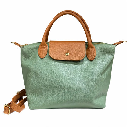 Borsa tracolla mano bottoncina media pelle bicolore verde salvia cuoio