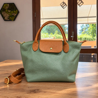 Borsa tracolla mano bottoncina media pelle bicolore verde salvia cuoio