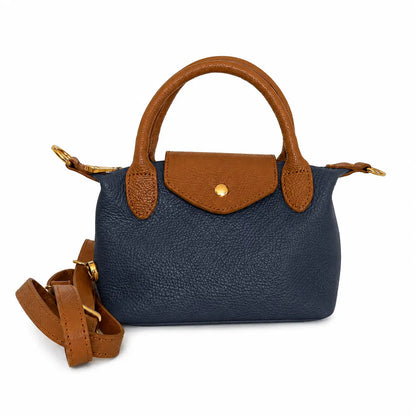 Borsa tracolla mano bottoncina piccola pelle bicolore blu cuoio