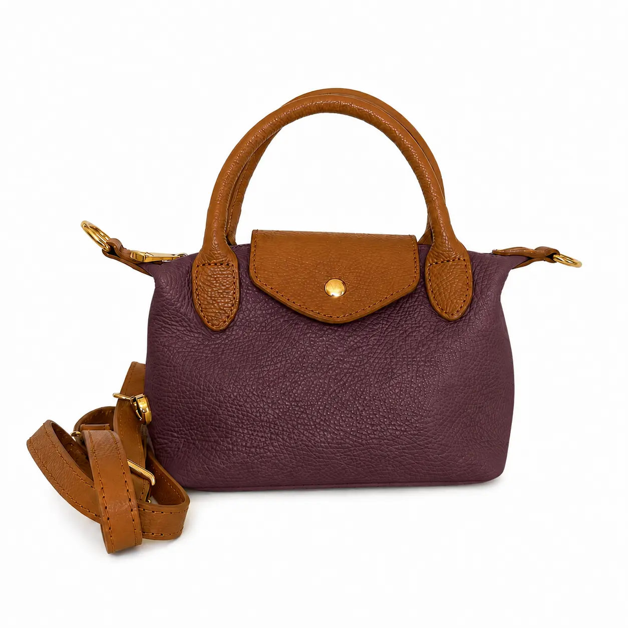 Borsa tracolla mano bottoncina piccola pelle bicolore bordeaux cuoio