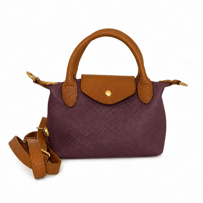 Borsa tracolla mano bottoncina piccola pelle bicolore bordeaux cuoio