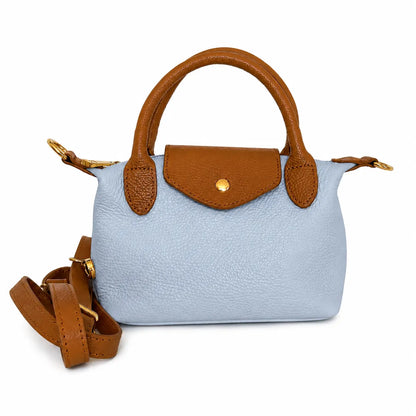 Borsa tracolla mano bottoncina piccola pelle bicolore celeste cuoio