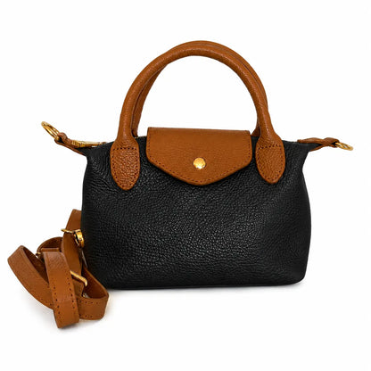 Borsa tracolla mano bottoncina piccola pelle bicolore nera cuoio