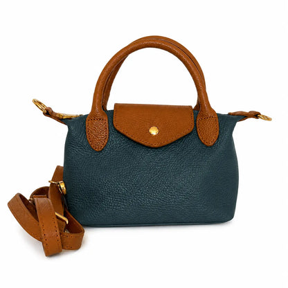 Borsa tracolla mano bottoncina piccola pelle bicolore petrolio cuoio