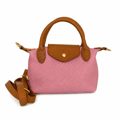Borsa tracolla mano bottoncina piccola pelle bicolore rosa antico cuoio