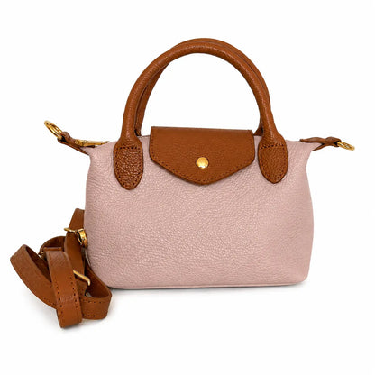 Borsa tracolla mano bottoncina piccola pelle bicolore rosa cipria cuoio
