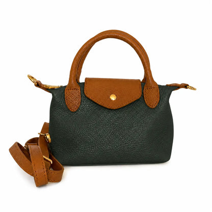 Borsa tracolla mano bottoncina piccola pelle bicolore verde bosco cuoio