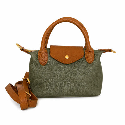 Borsa tracolla mano bottoncina piccola pelle bicolore verde militare cuoio
