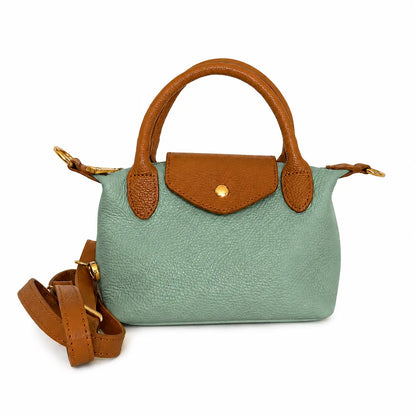 Borsa tracolla mano bottoncina piccola pelle bicolore verde salvia cuoio