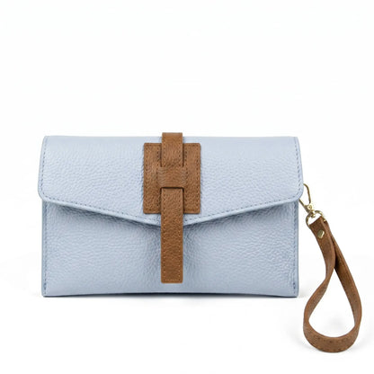 Pochette busta pelle tracolla clizia celeste cuoio